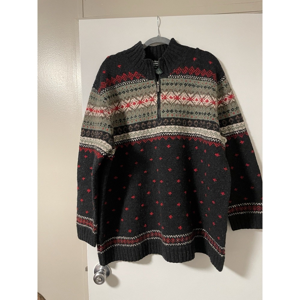 LAUREN Ralph Lauren Black Lambs Wool Fair Isle 1/4 Zip Ski Hand Kint Women's 3X